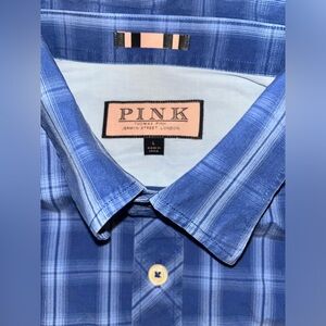 Thomas Pink Men’s Shirt Large Blue Plaid Button Down Contrast Cuffs